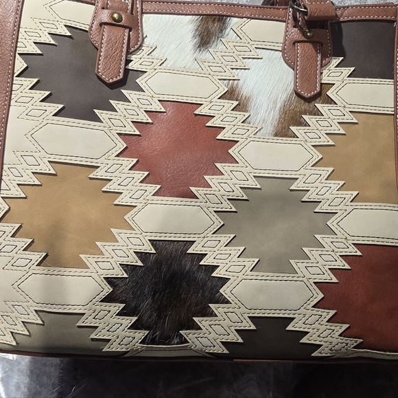 Brown and Tan Geometric Tote Bag with Leather Handles - Picture 7 of 7